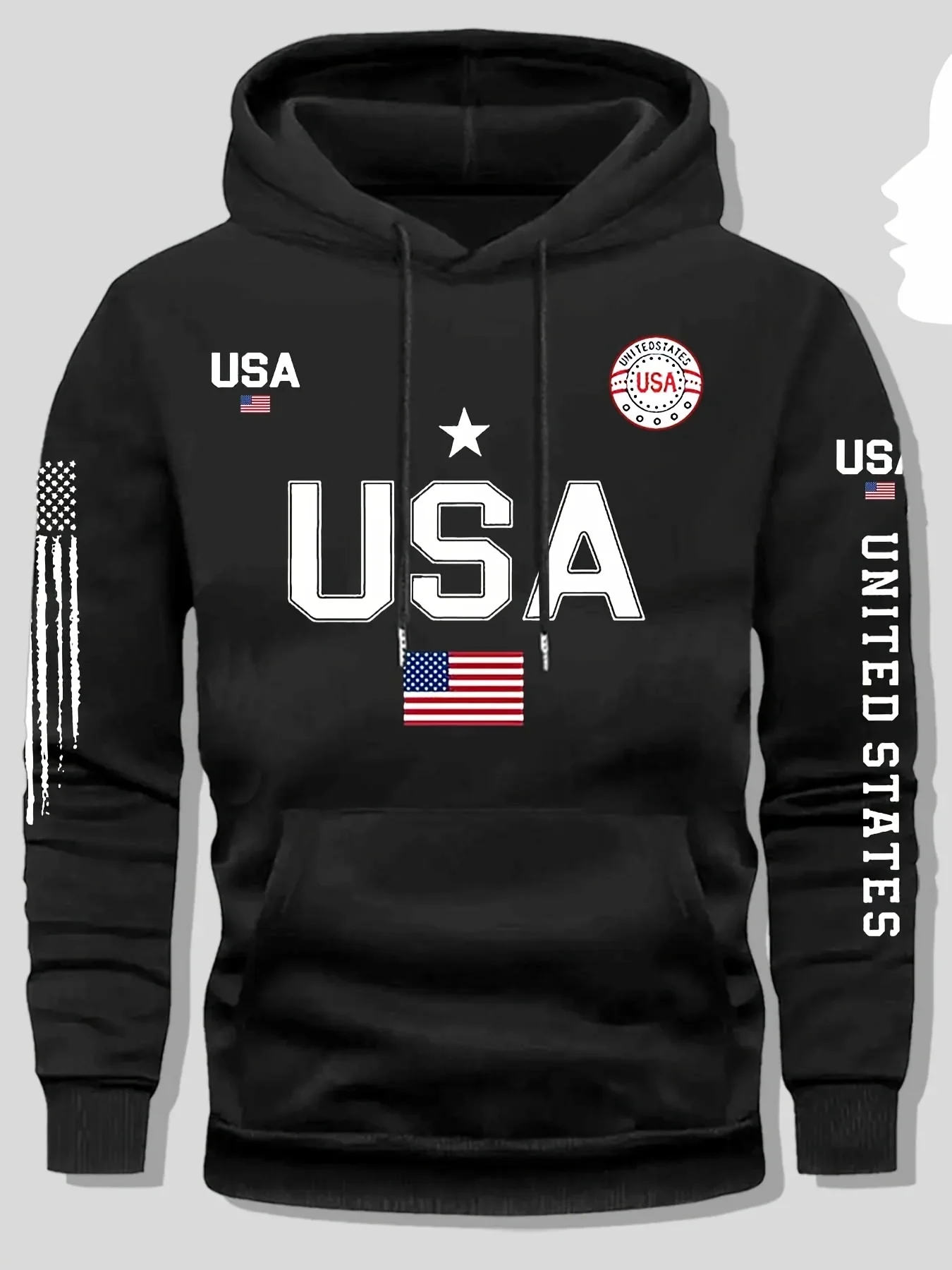 Men's Autumn/Winter USA Letter Print Flag Pattern -Lined Hooded Sweatshirt Versatile Sporty Casual Loose Fit Hoodie