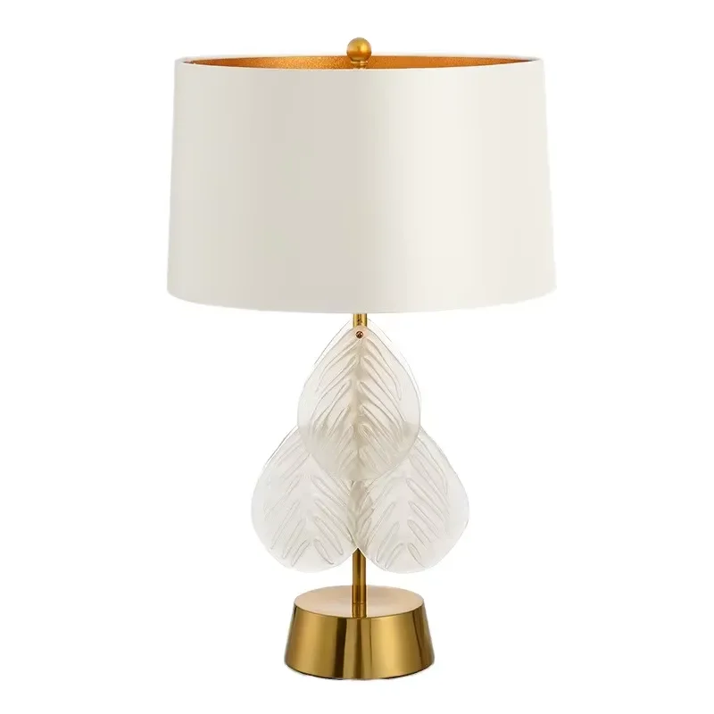 American Post Modern LED Desk Lamp Simple Creative Gold Fabric Leaf Glass Dome Shade Wrought Iron E26 Base Home Office