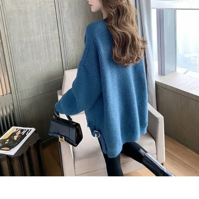 Autumn and Winter Women\'s Solid Color Pullover Round Neck Loose Side Split Long Sleeve Sweater Knit Fashion Elegant Casual Tops