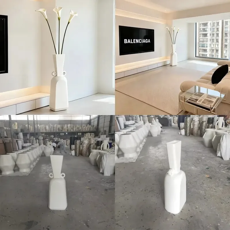 Art Deco White Fiberglass Floor Vase Modern Design for Home Office Wedding Party Dried Flower Decoration