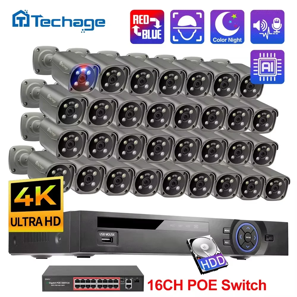 

H.265 36CH 4K 8MP Система видеонаблюдения Распознавание лиц Умный AI Цветное ночное видение CCTV Видеонаблюдение POE Комплект