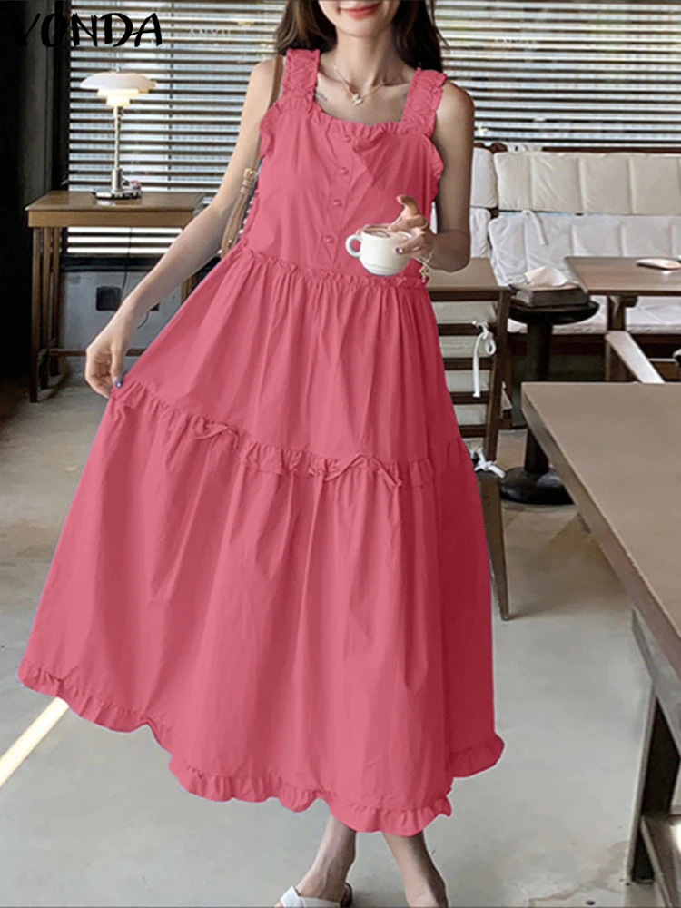 

VONDA Summer Beach Dress Women Long Maxi Sundress 2025 Fashion Sexy Square Collar Solid Sleeveless Ruffled Holiday Party Vestido