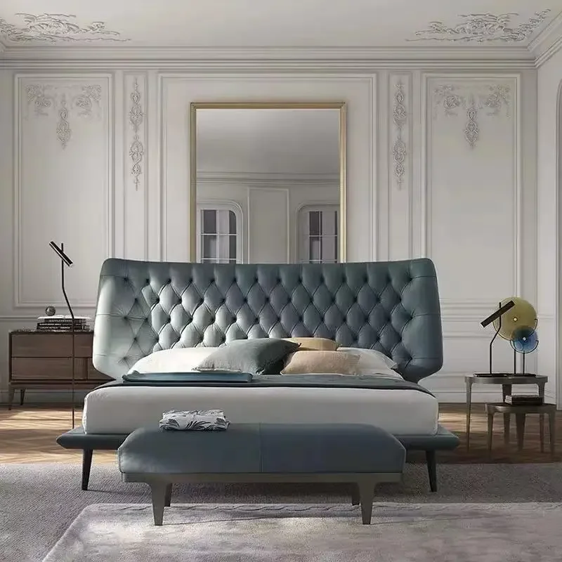 

Modern Blue Leather Beds Luxury Tall Headboard Leather Bed King Size Bedroom Furniture