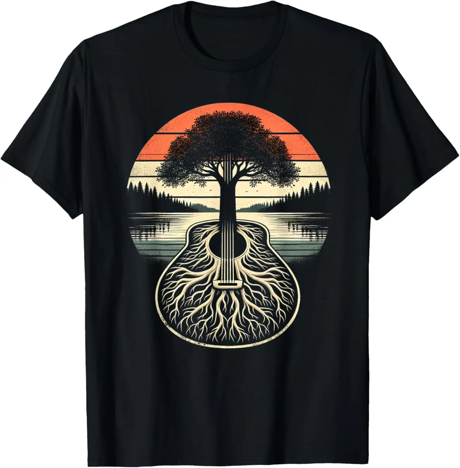 Nature's Harmony: Acoustic Guitar Tree Sunset T-Shirt