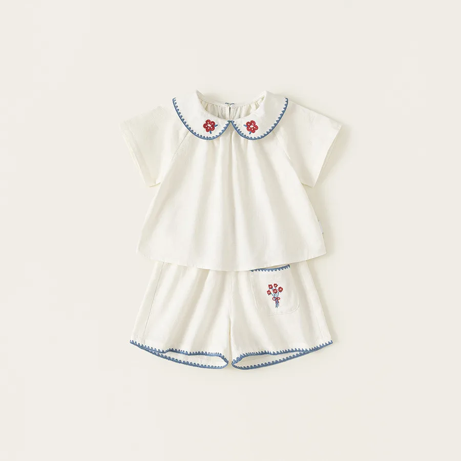 Summer Girls' Set Flower Embroidered Doll Collar Sweet Two Piece Set Casal Girls Rural Style Set