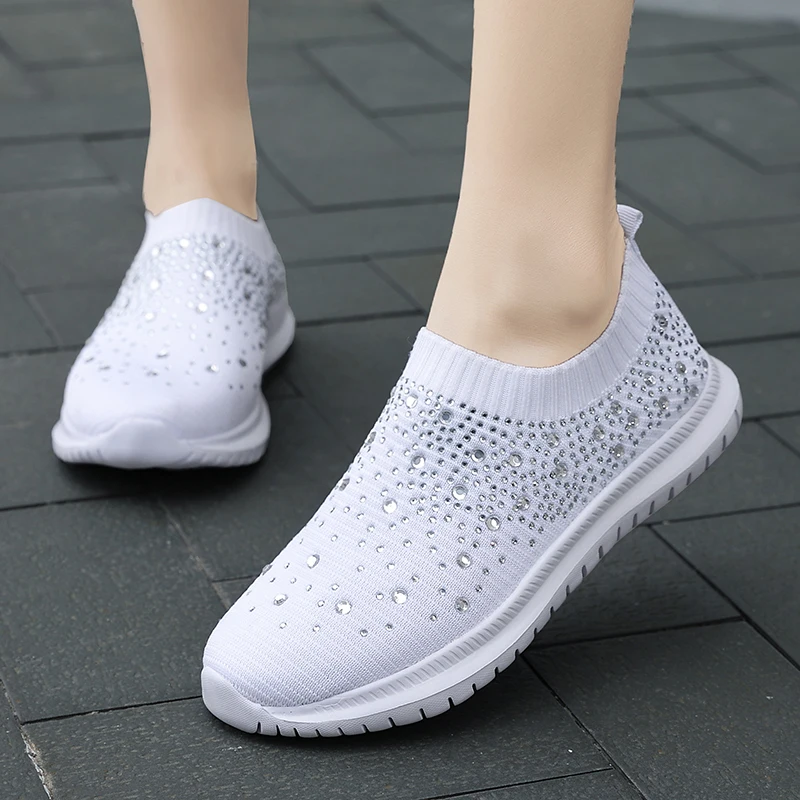 Women 2032 Summer Casual Rhinestone Shoes Ladies Vulcanized Shoes Bling Flat Loafers Slip On Sneaker Female Tenis Feminino