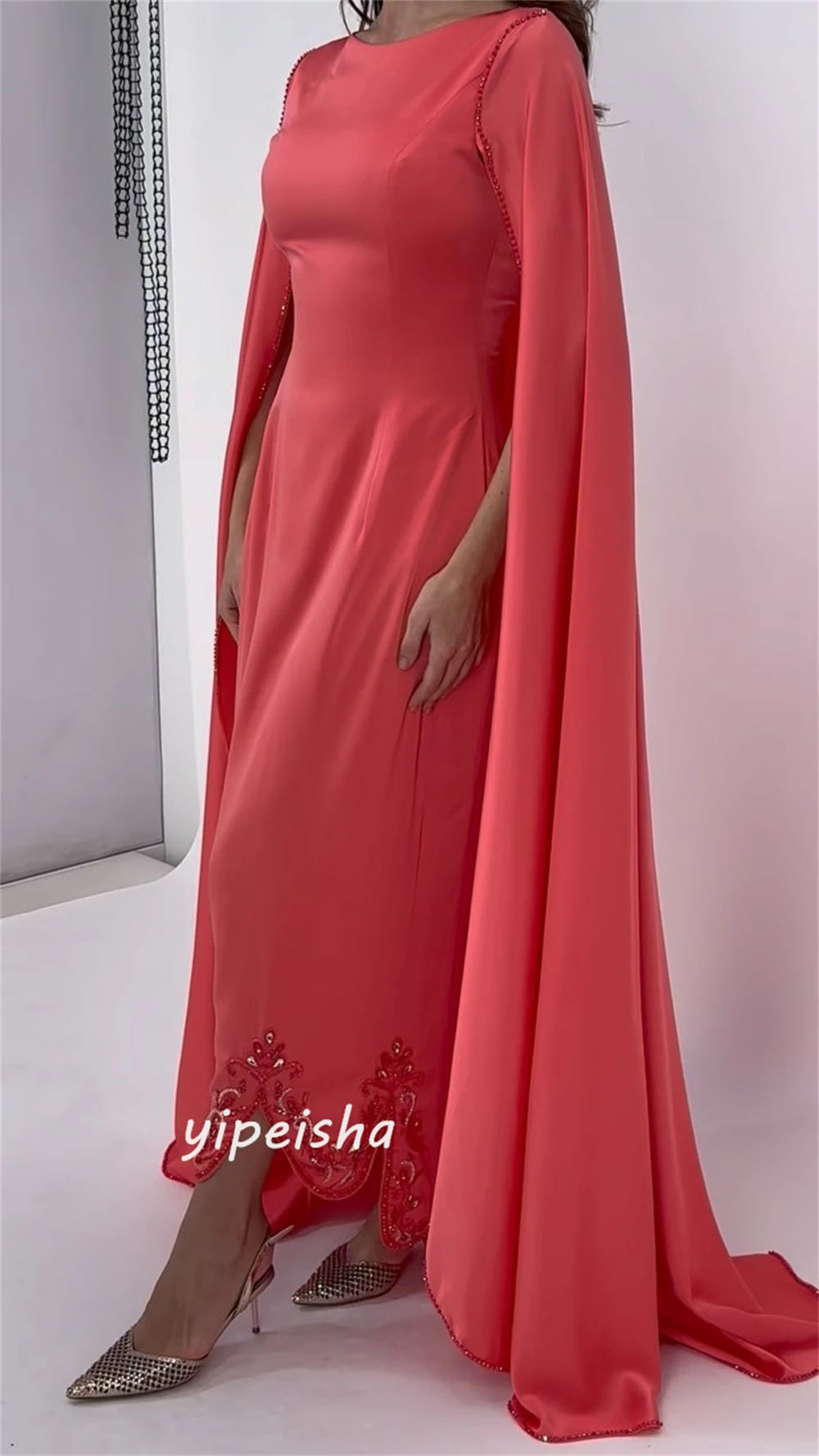 Vestido de noche de satén drapeado con cuentas de Arabia Saudita, vestido de fiesta de boda, línea A, cuello redondo, a medida, vestido de ocasión, vestidos Midi