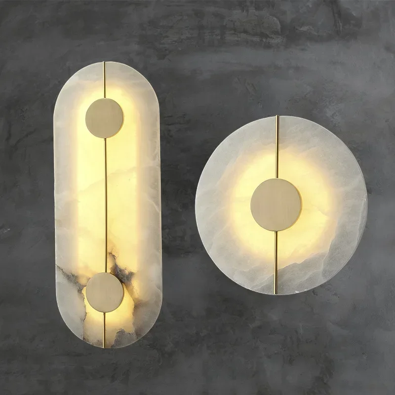 Nordic Modern Marble Wall Lamp - Gold Copper LED Sconce for Living Room/Bedroom/Bedside, Round Indoor Decor with Natural Marble,