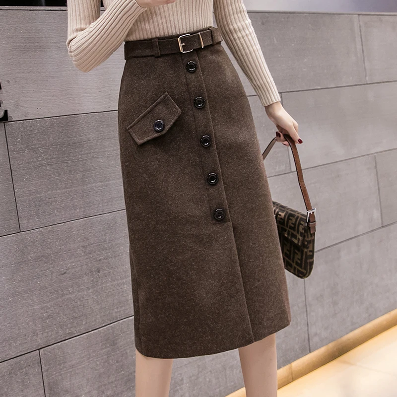 

Autumn Winter Woolen Split Thickening Midi Skirt Women Zipper Drawstring High Waist Knitted Skirt Office Lady Elegant Slim Skirt