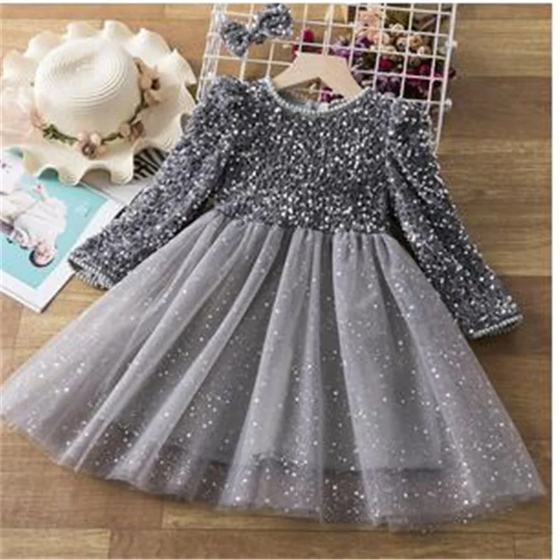 Puff Sleeve Christmas Girls Princess Party Dresses for Winter Sequin Wedding Evening Gown Long Sleeve Children Casual Clothes