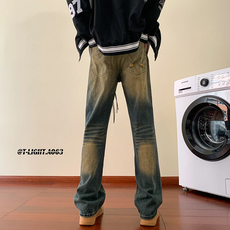 

Retro American Hiphop Men's Jeans Spring Autumn New Heavyweight Washed High Street Denim Pants Loose Straight Leg Bell Bottoms