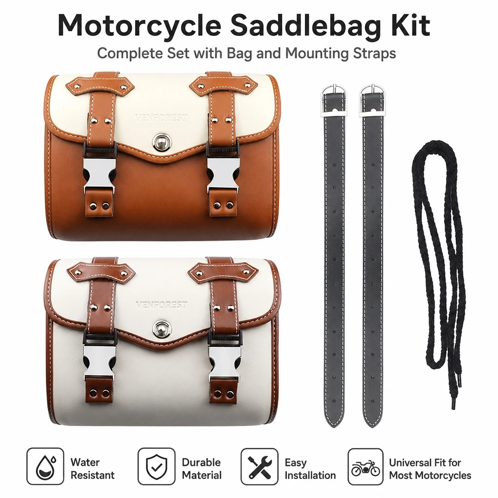 Vintage Spliced PU Leather Motorcycle Saddle Bag Quick Release Buckle Cylindrical Storage Pouch With Adjustable Straps