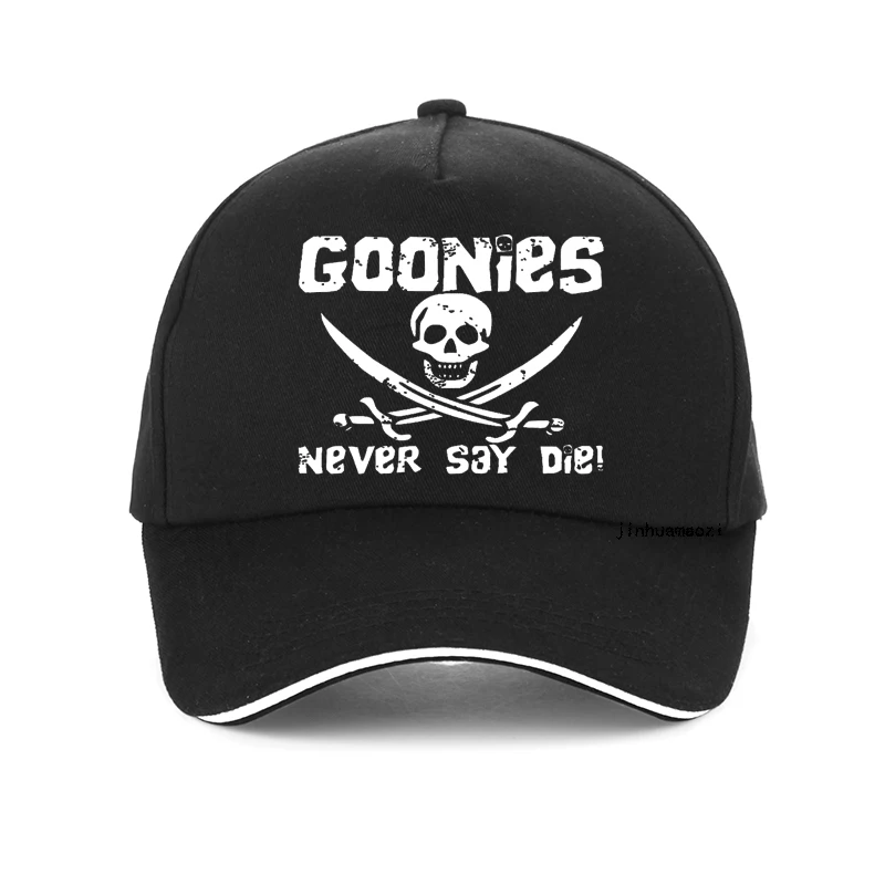

Never Say Die Goonies Pirate Flag Jolly Roger Print Baseball Cap The Goonies Never Say Die Astoria Oregon Pirate Flag hat bone