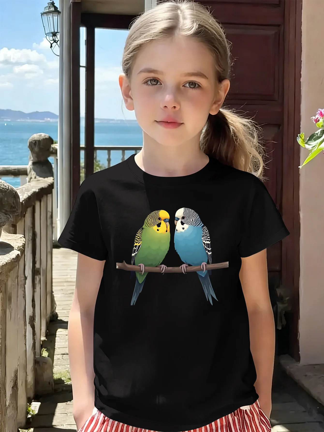 Lovely Two Budgies Parrot Cartoon Kids T Shirt Boys Girls Short Sleeve Crew Neck Cotton Parent Matching Tops Toddler Youth