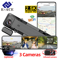 E-ACE 2.5K Dash Cam 3 cameras Mirror Car Dvr 3 Channels Video Recorder Support WIFI GPS 24H Parking Monitoring Black Box