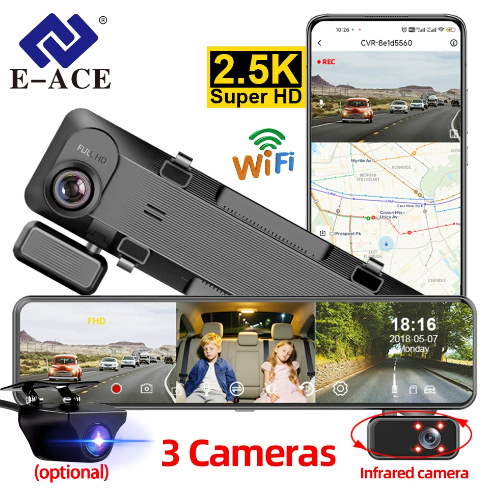 E-ACE 2.5K Dash Cam 3 Cameras Mirror Car Dvr 3 Channels Video Recorder Support WIFI GPS 24H Parking Monitoring Black Box