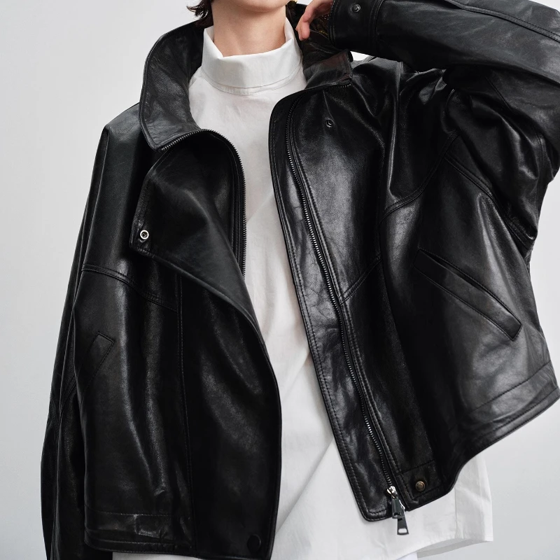 YOLANFAIRY vera giacca di pelle di pecora donna autunno colletto alla coreana vintage sciolto marrone scuro/nero giacca di pelle da motociclista femminile 2025