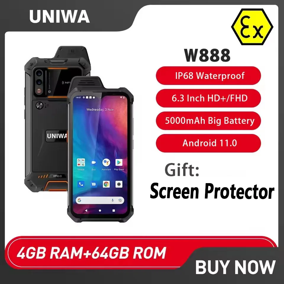 

UNIWA W888 ATEX Взрывозащищенная водостойкая искусственная рация 4 Гб + 64 Гб 5000 мАч PTT Смартфон Android 11 дюймов