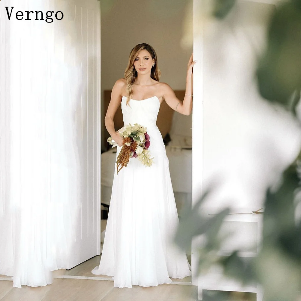Verngo Simple A Line Chiffon Wedding Dress Strapless Bridal Gowns Women Elegant Beach Bride Dresses Customized