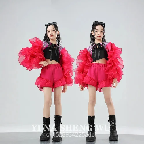 Nueva ropa de baile de Hip Hop para niños, ropa para el escenario de concierto, traje de baile de Jazz para niñas, mangas abullonadas rojas, Tops con lentejuelas, pantalones cortos, traje