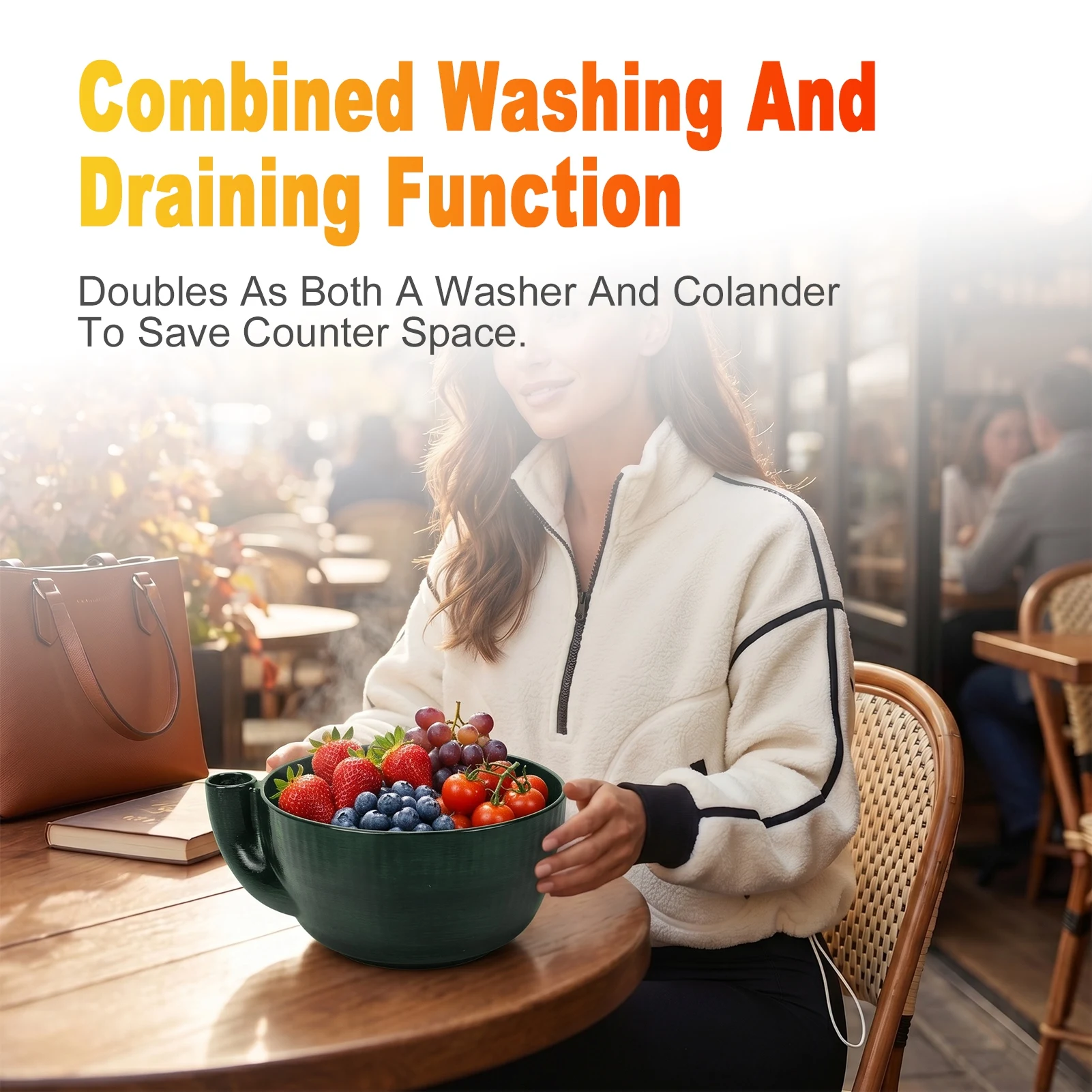 Berry Washing Bowl Self Rotating Fruit Vegetable Washing Colander with Built in Drain Base 360 Degree  Cleaning for Strawberries