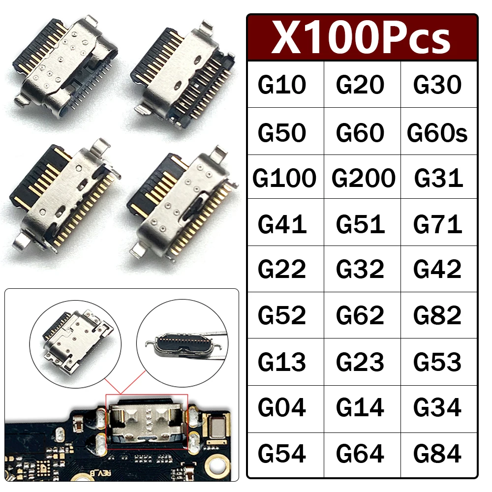 

100 шт., USB-разъем для зарядки, порт зарядного устройства для Moto G04 G14 G22 G32 G62 G31 G51 G52 G13 G23 G53 G54 G10 G20 G30 G50 G60 G60s