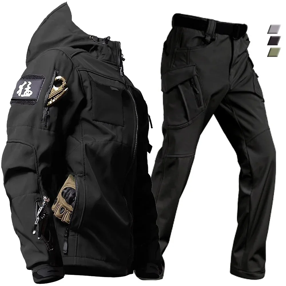 

Winter Pants Set Men's Clothing Work Wear Waterproof Jacket Tactical Military Soft Shell Multi-pockets Suit Hooded Fleece Coats