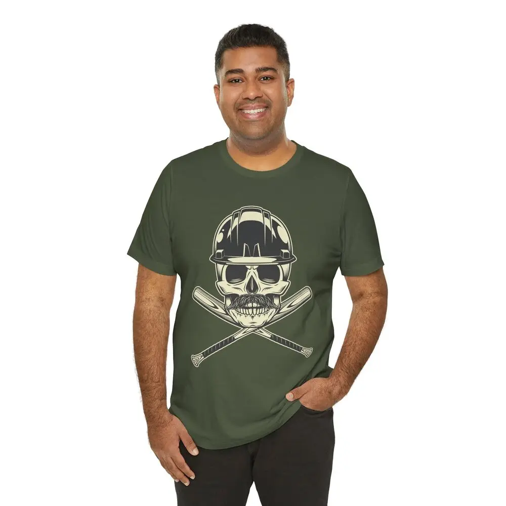 Men's T-shirt With Print Skull With Mustache In Hard Hat With Baseball Bat S-3XL