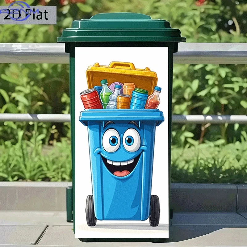 [2D Flat Printing] 1pc Trash Can Sticker  Happy Recycling Bin Theme Garbage Can Decor Wall Paper Self-Adhesive (Suitable for T