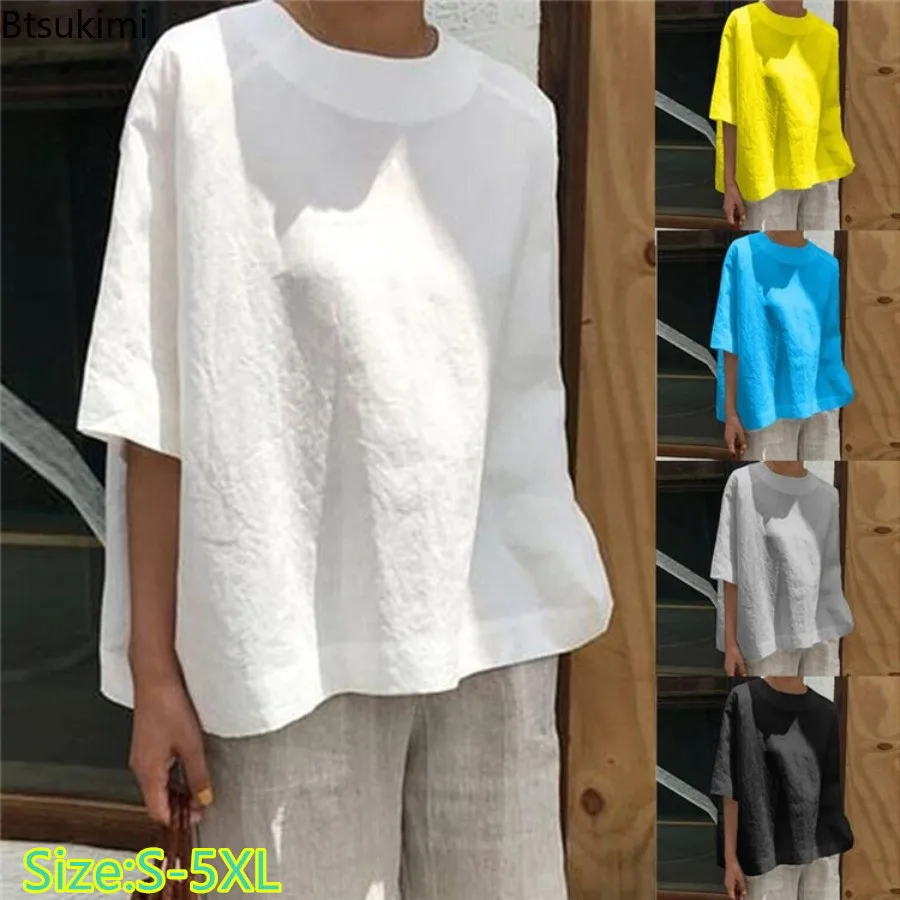 

Hot Sale New Women's Solid Casual T-shirts Fashion Round Neck Loose Cotton Linen Tops Plus Size Comfy Versatile Blouse for Women