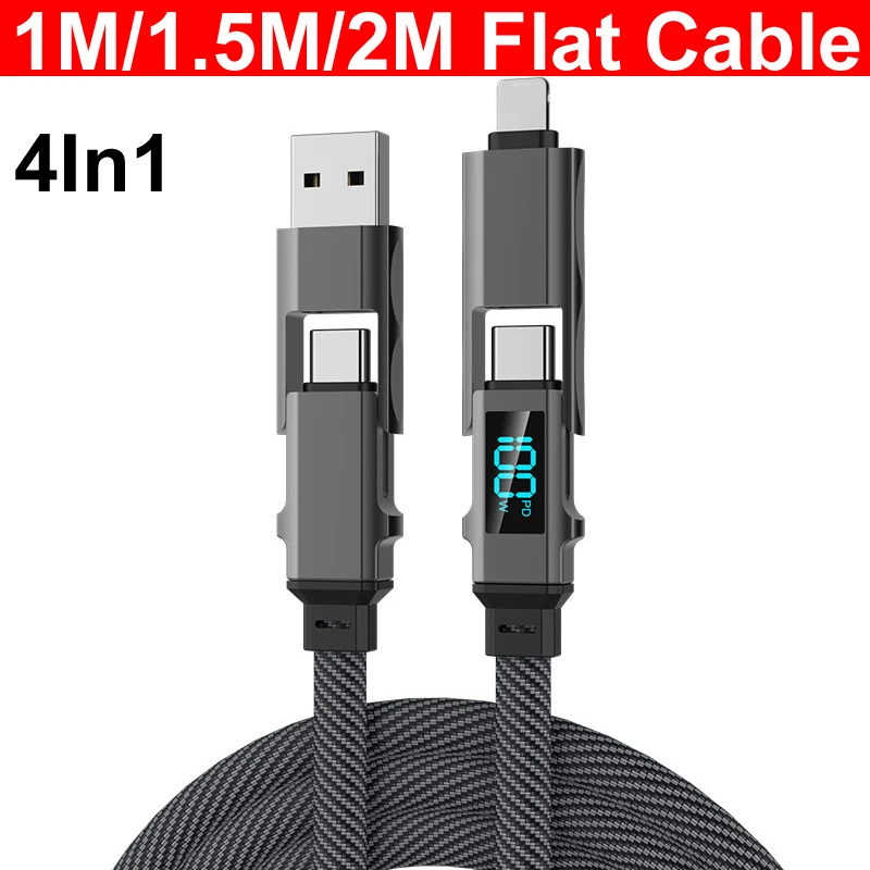 

1 м/1,5 м/2 м плоский 4в1 PD 100 Вт 20 В 5 А светодиодный цифровой дисплей USB Type C зарядное устройство для быстрой зарядки кабель для передачи данных для iPhone 15 14 13
