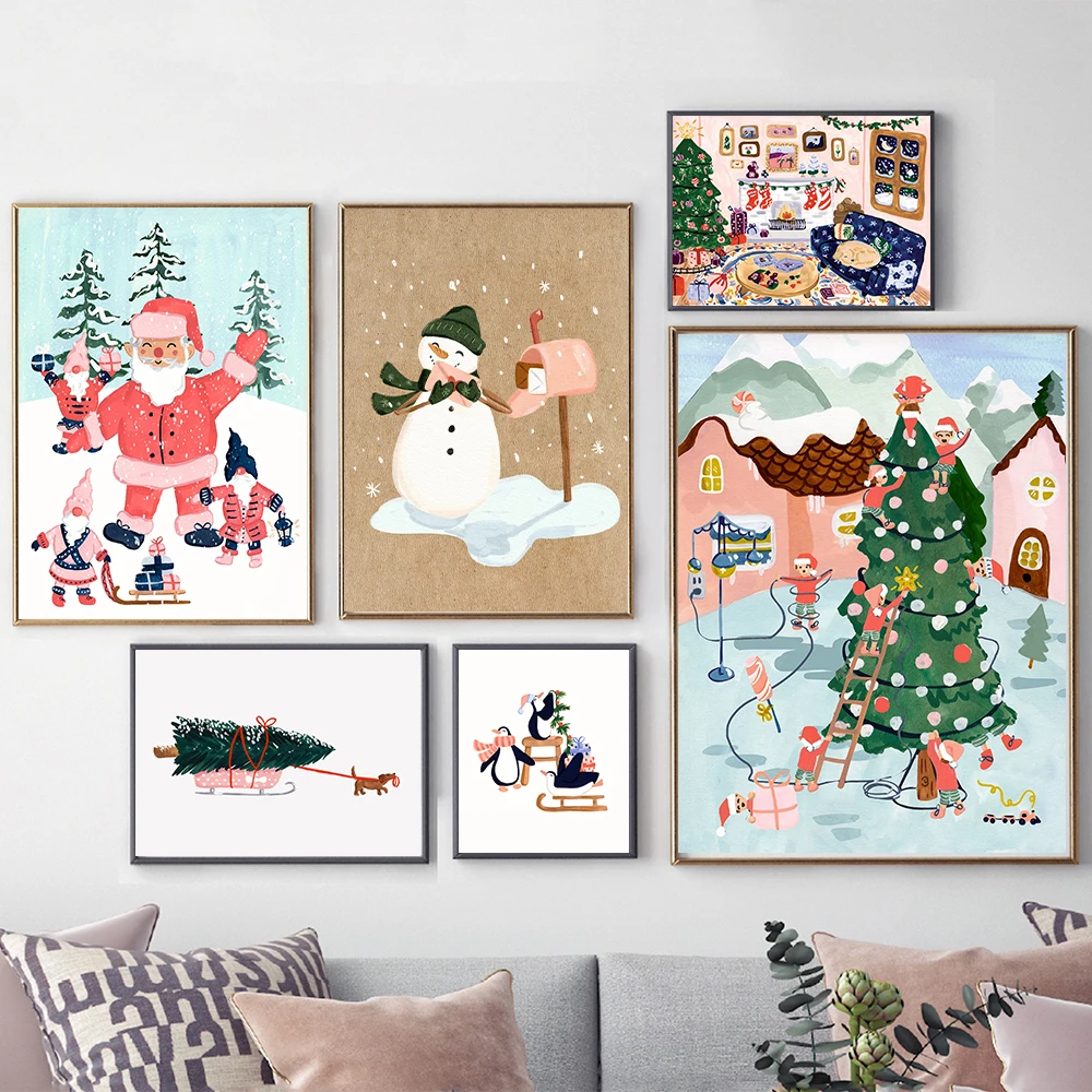 

Cute Cartoon Santa Penguins Christmas Quotes Wall Art Nordic Posters Nursery Pictures for Kids Room Decor Canvas Painting Prints