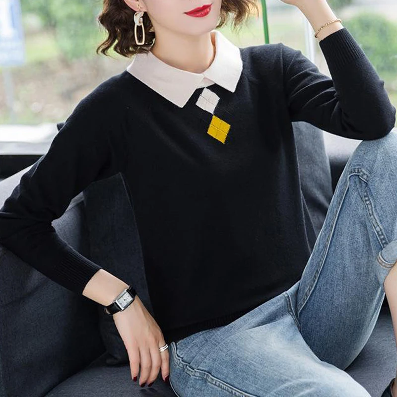 Women Clothing Korean Fashion Contrast Color Elegant Chic Knitted Sweater Autumn Polo Collar Long Sleeve All Match Pullover Tops