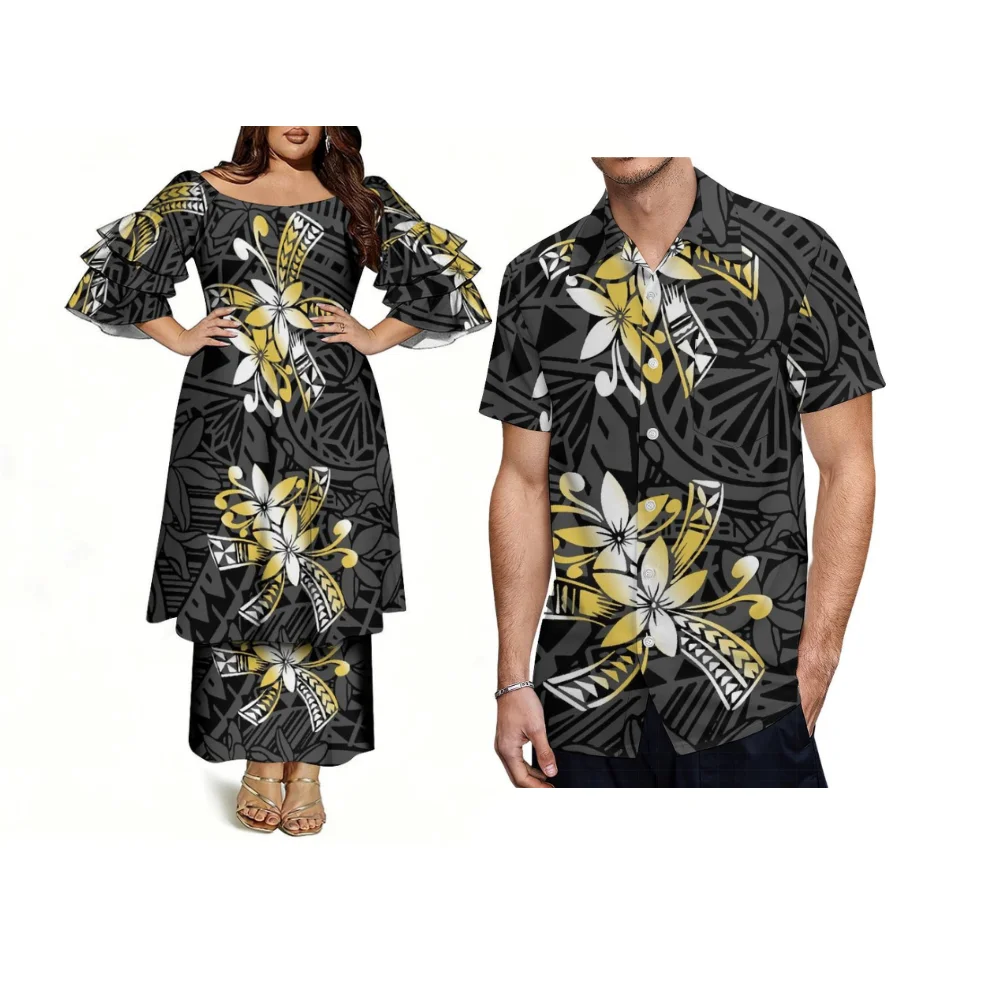 Exquisite Three-Layer Sleeve Design Puletasi Style Women'S Suit Skirt Polynesian Custom Wholesale Couple Wear Men'S Shirt