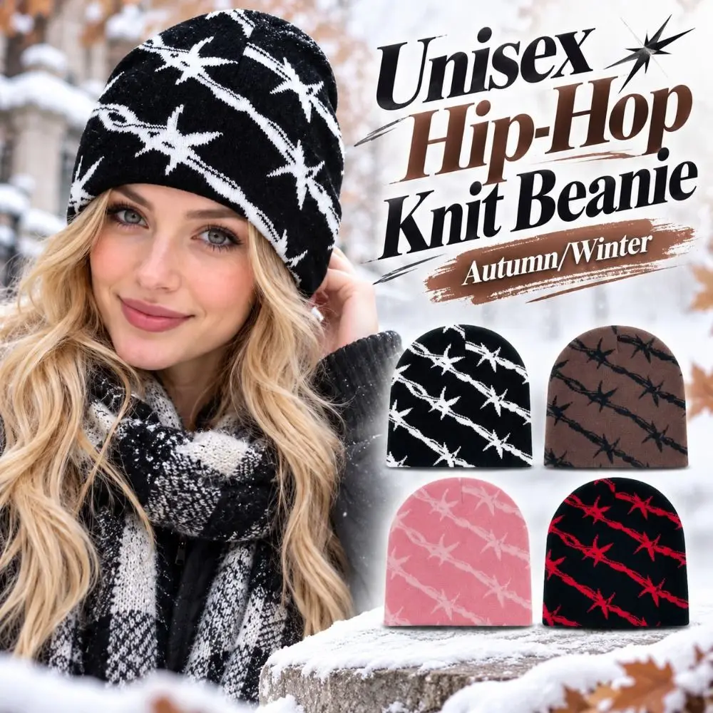 Streetwear Warm Double Layer Knit Beanie Thickened Star Pattern Winter Skull Cap Soft Washable Knitted Hat Outdoor