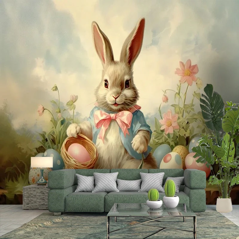 1PC Bunny Blue Outfit Pink Bow Art Print Backdrop Banner, Bedroom Living Room Photo Background, Polyester, Home Decor, Wall Art