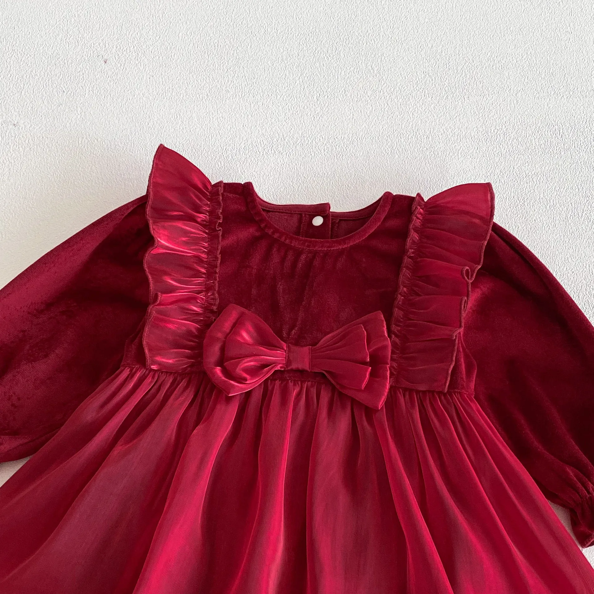 Spring Autumn Newborn Girls Clothes Korean Cute Bow Red Mesh Birtyday Princess Long Sleeve Baby Bodysuits And One-Pieces B405