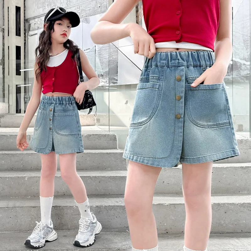 

New Kids Designer Denim Shorts Under Skirt for Teens Girl Fashion Summer Street Jeans Bottoms Child Skirt Shorts with Buttons