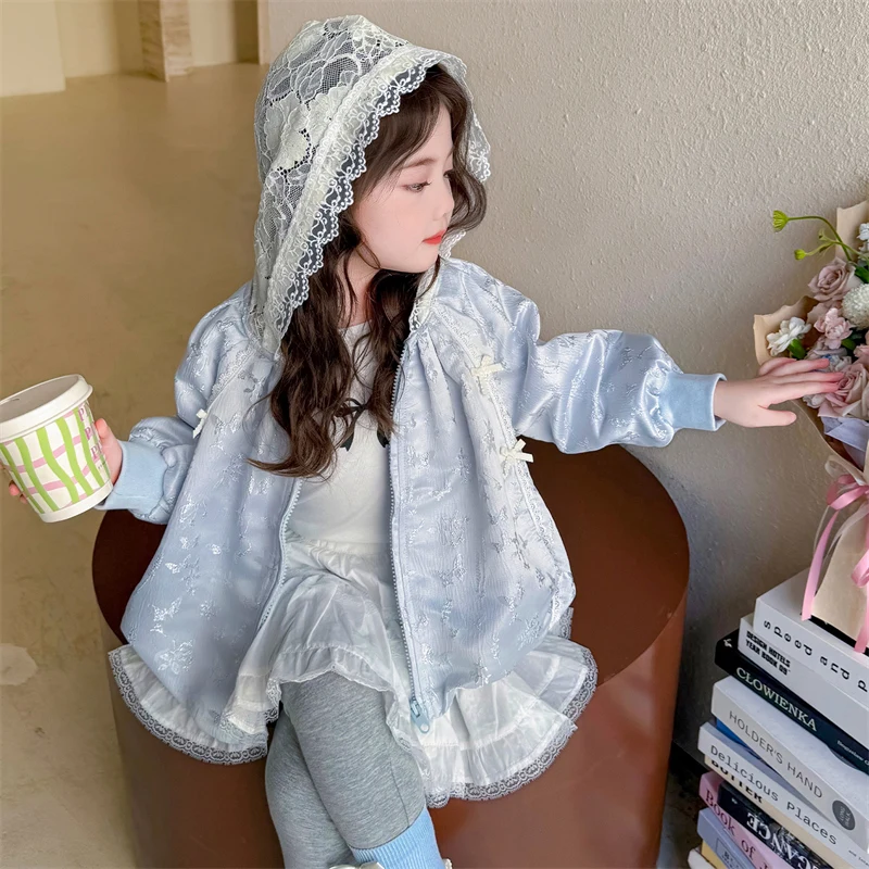2026 Spring Autumn New 2 3 4 5 6 8 10 12 Years Children Clothing Fashion Sweet Cute Lace Hooded Coat Kids Baby Girls Thin Jacket