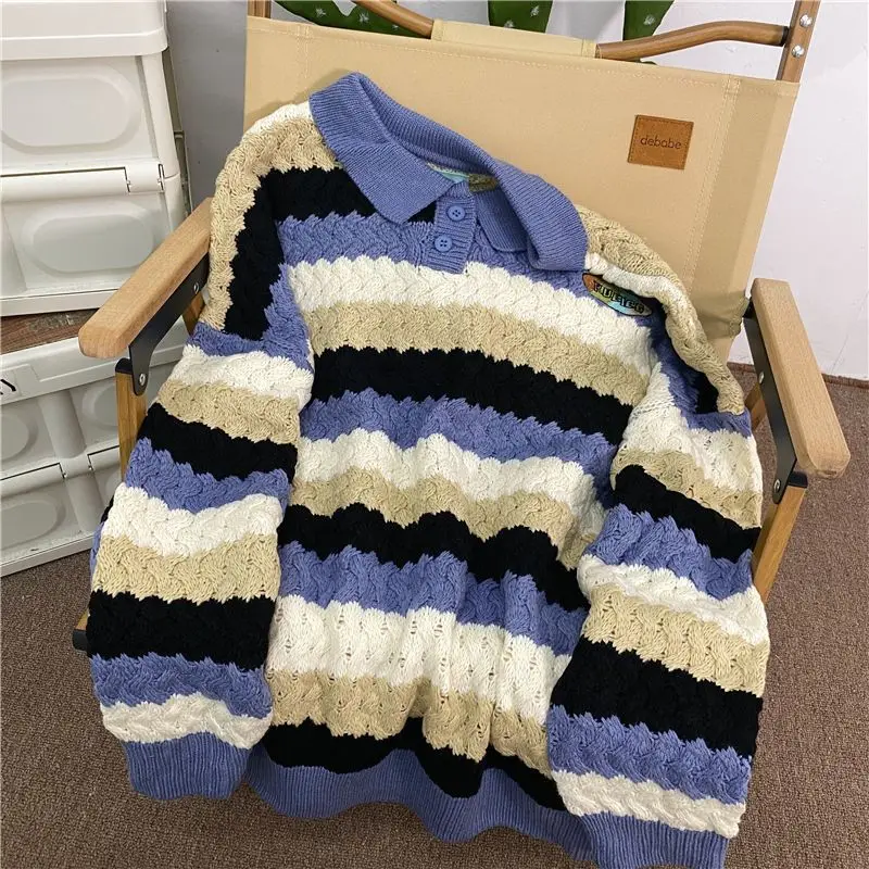 Colorblock twist POLO collar knitted sweater for women in autumn loose design color label top Japanese style gentle style jacket
