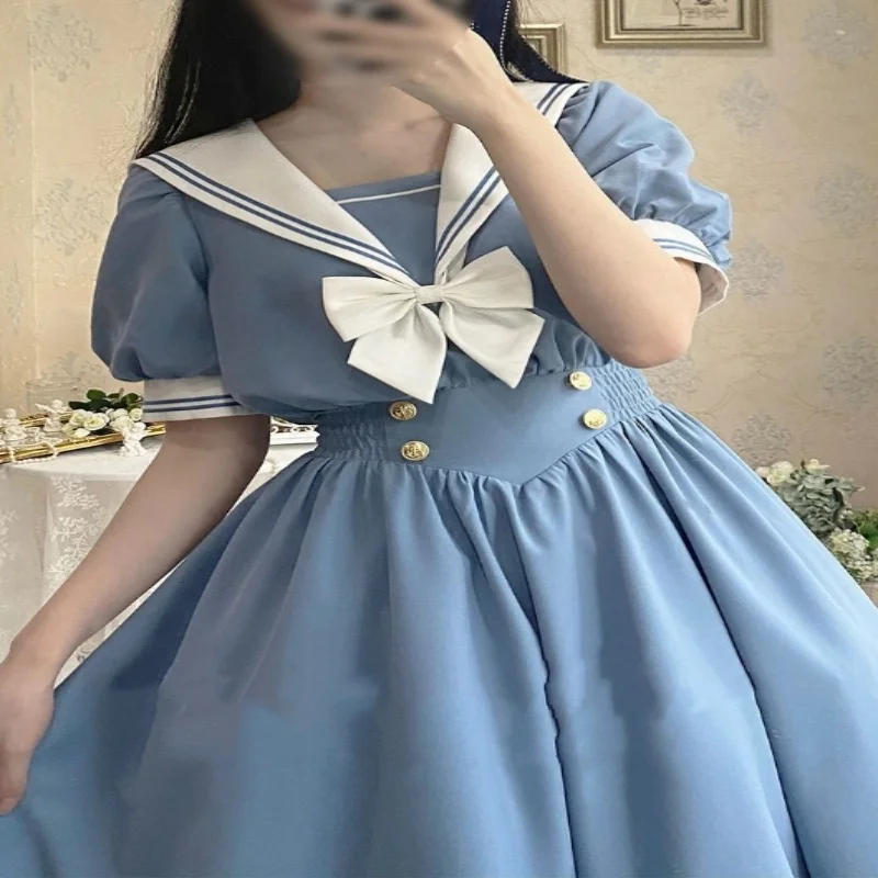 Japanese Soft Sister Cute Lolita Dress Sweet Puff Sleeve Slim Student Dresses Party Bow Salior Collar Vestidos S-8XL