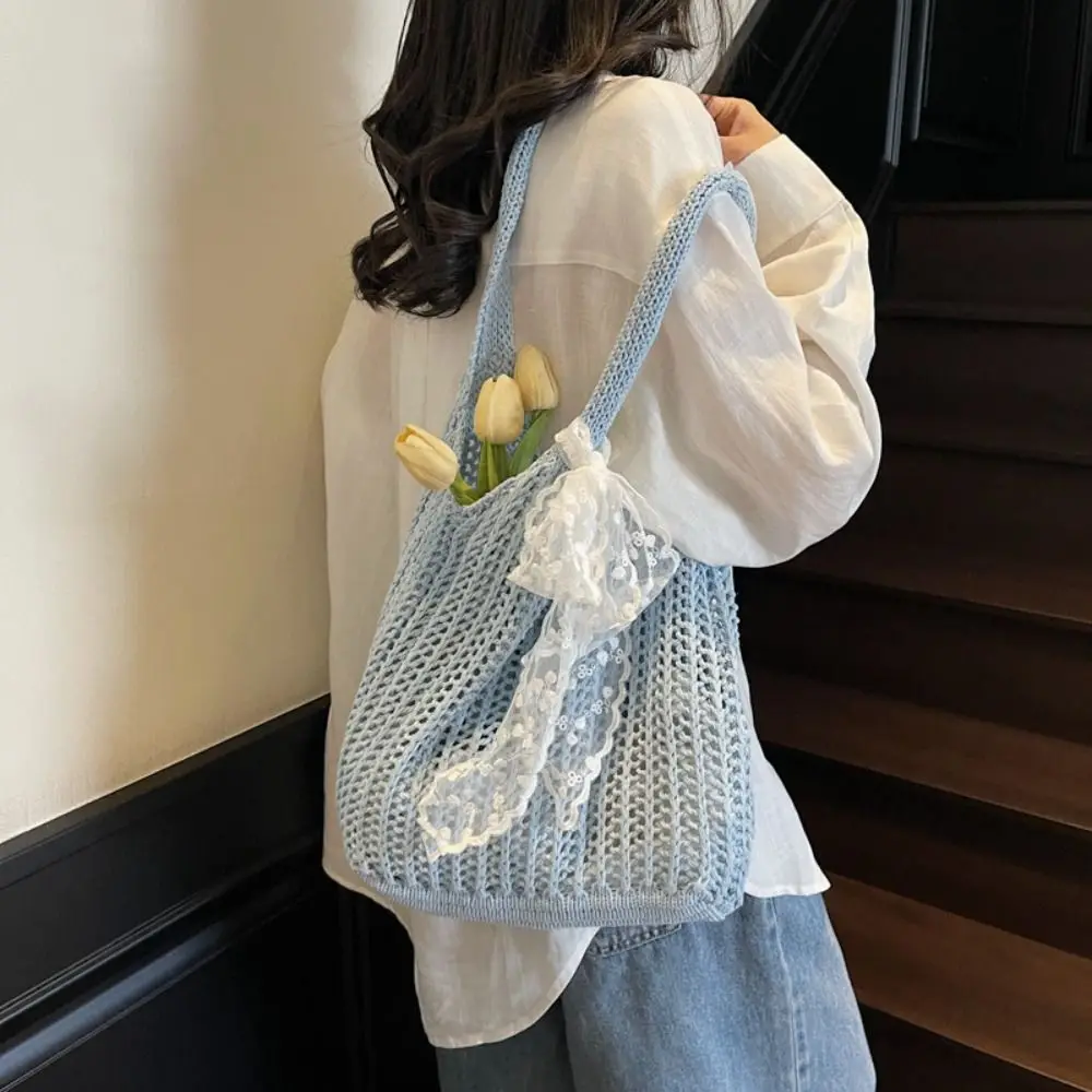 

with Lace Ribbon Solid Color Woven Bag Tote Bag Beach Handbag Beach Bag Bohemian Style Large Capacity Hollow Shoulder Bag