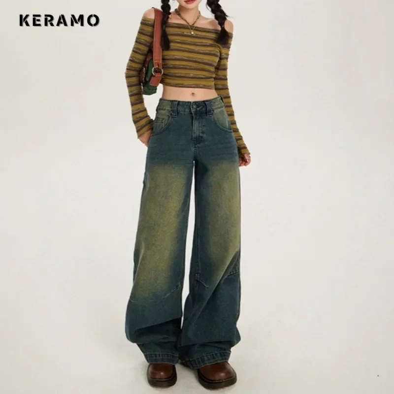 Celana panjang Denim Baggy Y2K untuk wanita, celana jins pinggang tinggi Retro modis kasual model Luaran Vintage 2000s Emo, celana jins wanita