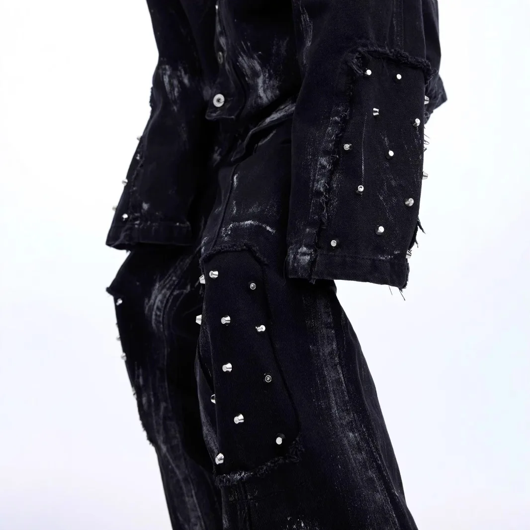 2025 New Vintage Men's Denim Pants Fashion Hip Hop Gothic Wide Leg Jeans and High Street Style Jacket Japan Korean Streetwear