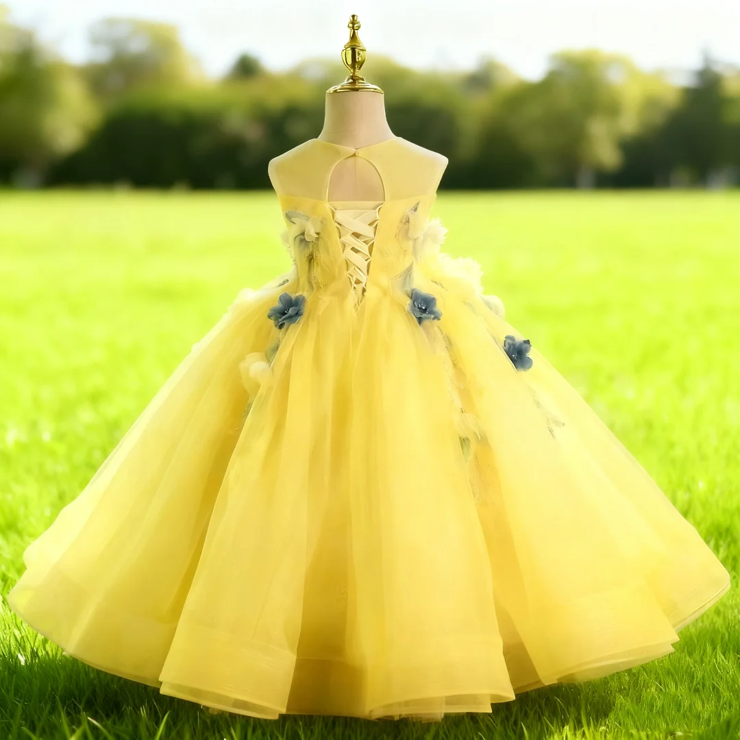 Vestido de princesa con flores para niña, falda de tul brillante, vestido acampanado con apliques, vestido personalizado hasta el suelo para bodas y cumpleaños