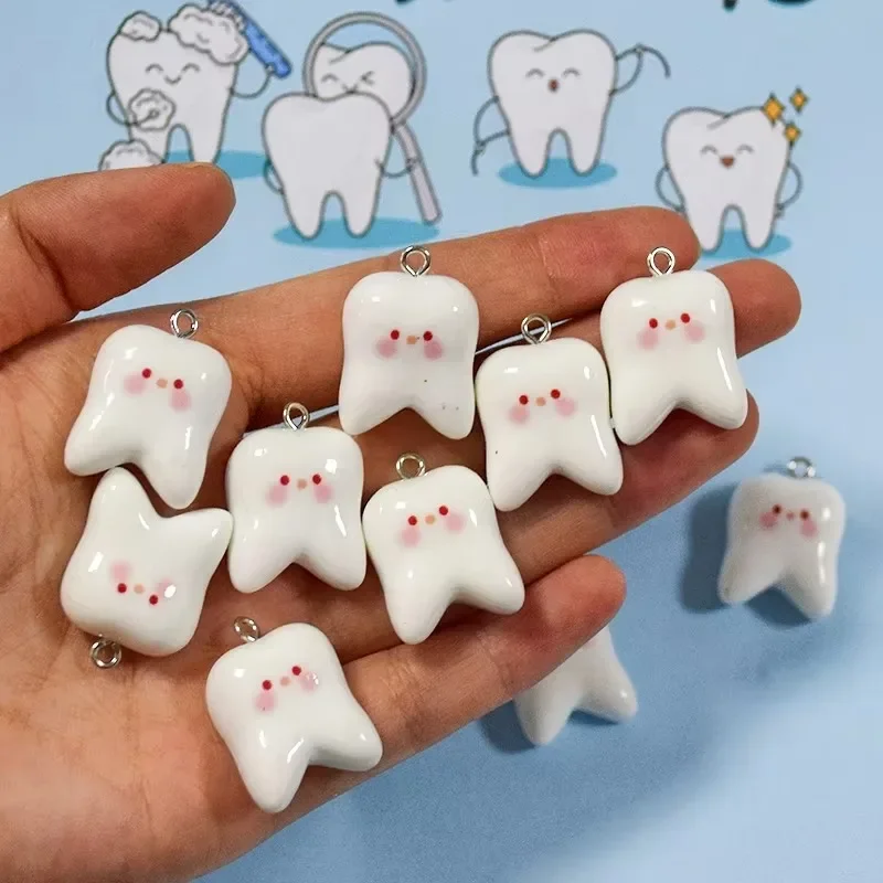 10Pcs Cute Cartoon White Teeth Resin Charms Kawaii Oral Care Pendants DIY Findings For Handmade Earrings Necklaces Keyring