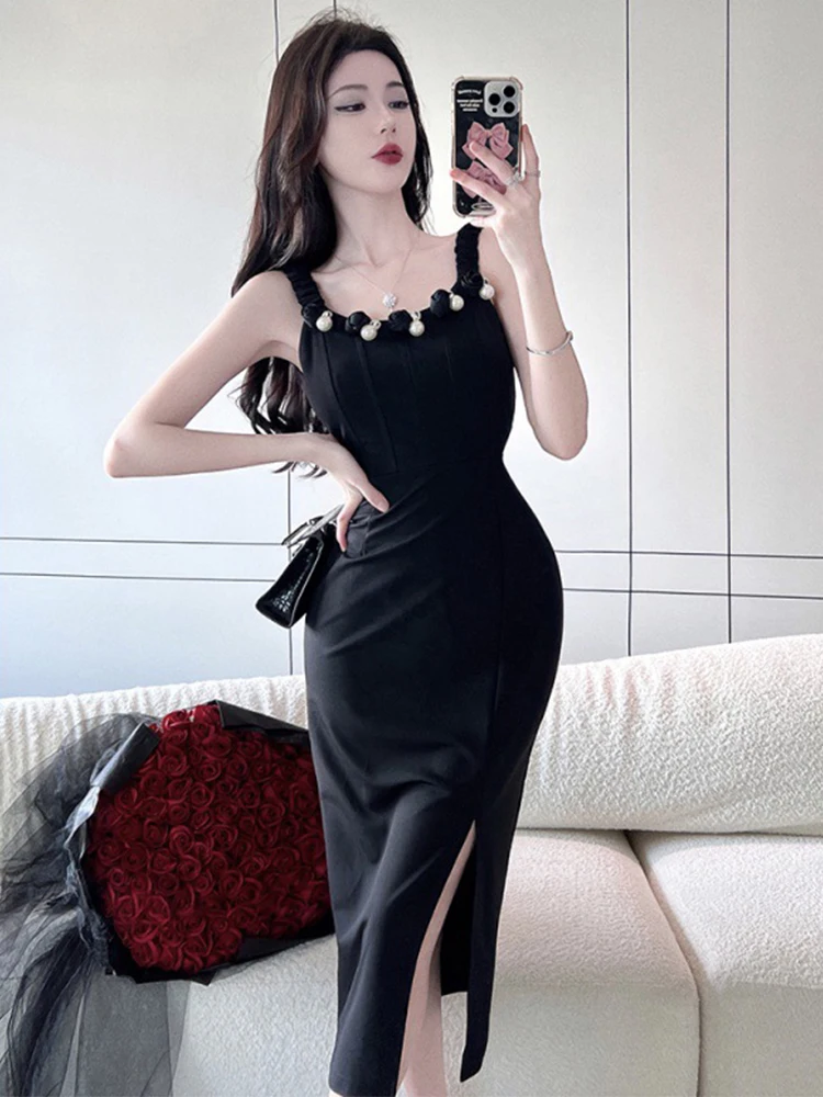 

Sweet Cute Girly Evening Dress Women Chic Black Sexy Slip Diamonds Pearl Flowers Split Robe Femme Party Club Prom Vestido Fiesta