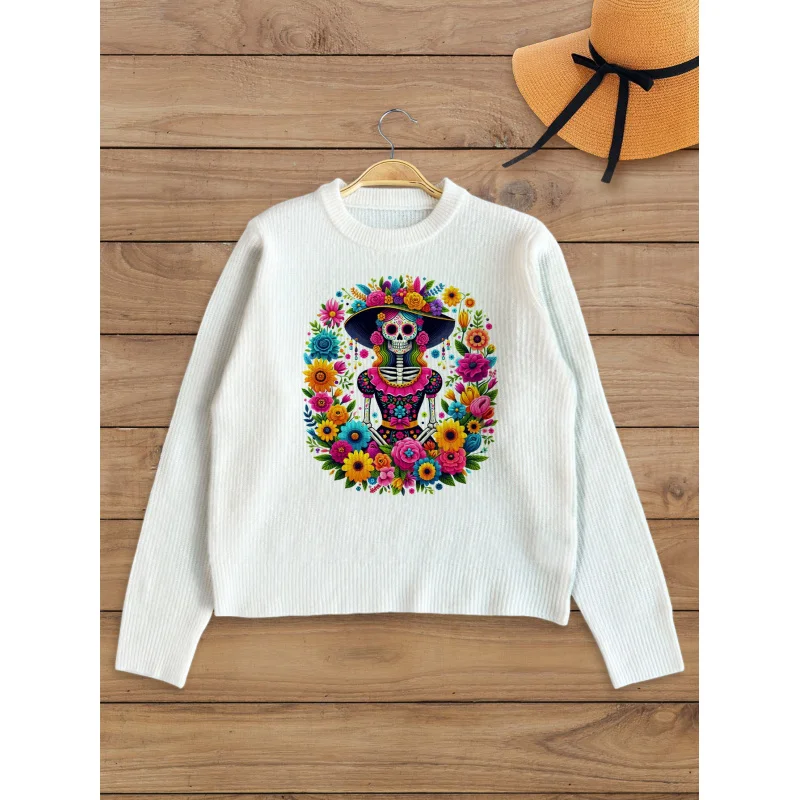 

Halloween Floral Skull Pattern Digital Print Women Sweater Knit Pullover Warm Soft Loose Crew Neck Long Sleeve Autumn Winter