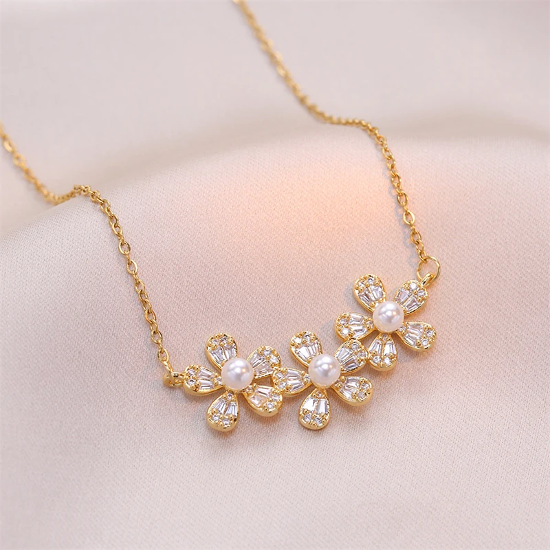 316L Stainless Steel New Fashion Fine Jewelry Japanese Style Zircon Pearl Flower Charm Chain Choker Necklaces Pendants For Women