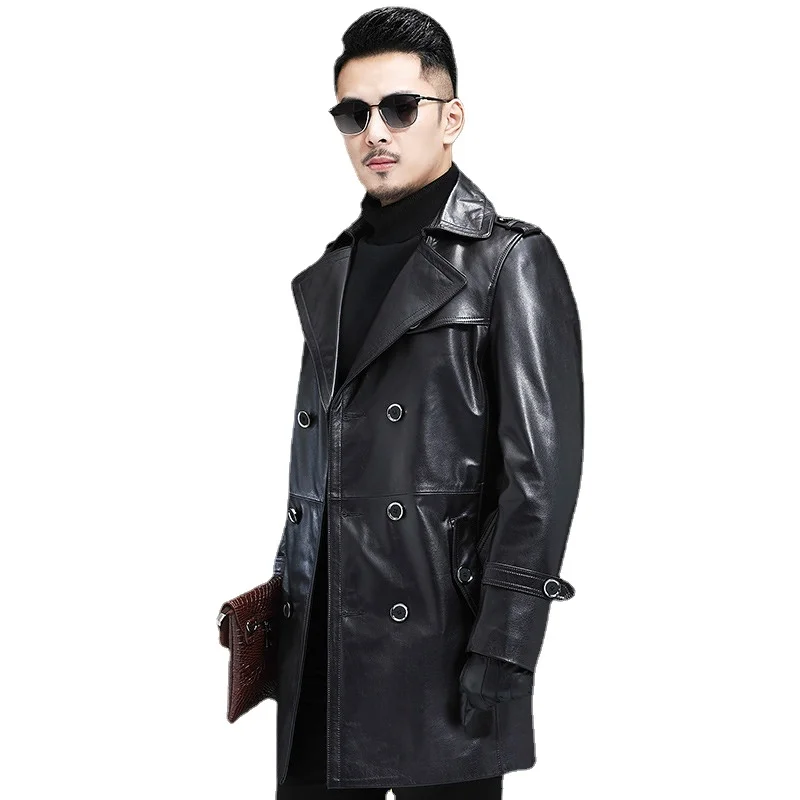 

Spring Autumn Genuine Leather Trench Coat Mens Long First Layer Cowhide Jacket Business Casual Double-breasted Black Windbreaker